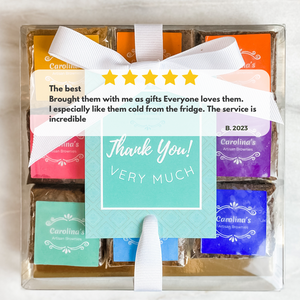 picture of Carolina's Brownies in the back and review on top saying "The Best. Brought them with me as gifts. Everyone loves them. I specially like them cold from the fridge. The service is incredible" From B. 2023